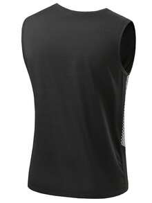 Camiseta masculina com estampa de cor sólida e gola redonda, leve, casual, para atividades ao ar livre, corrida, ciclismo, exercícios, fitness, basquete, regata esportiva - Preto - Ver 5
