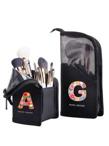 26 Alphabet Letter Pattern Makeup Brush Bag, Women Travel Storage Pouch, Large Capacity Cosmetic Organizer