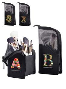 26 Alphabet Letter Pattern Makeup Brush Bag, Women Travel Storage Pouch, Large Capacity Cosmetic Organizer