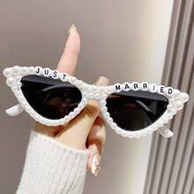 1Pc Women New Full Frame Cat Eye Shaped Fashion Glasses Stylish White Glasses With Faux Pearls Fashion 'Birthday Queen' Letter Frame Multicolor Chic Suitable Birthday Parties And Shows For Summer Beach Vacation,Outdoor,Travel Preppy Style For Back To School