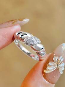 1pc 925 Sterling Silver Croissant Design Micropave Hundred Rings For Women Match Daily Outfits Party Accessory Ladies High Quality Ring Fine Jewelry Gift