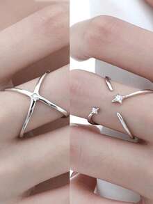 1pc Unique Design Four-Pointed Star Adjustable Open Ring, Double-Sided Wearable Intersecting Line Decor Finger Ring - Antique Silver - View 2