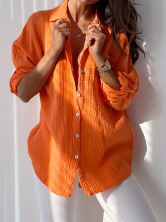 女式长袖单排扣休闲纯色纽扣口袋衬衫