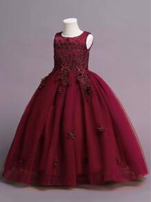 Flower Girl Dress Lace Bridesmaid Dress Kid Wedding Ball Gown Toddler Princess Pageant Evening Dresses - 酒紅色 - 查看 2
