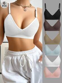 6pcs Multicolor Women's Bras With Hook Closure & Wire-Free Comfortable Unlined Seamless Bras With Adjustable Straps