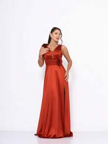 Long Satin Bridesmaid Dress With Flower Detail - Đất nung - Xem 4