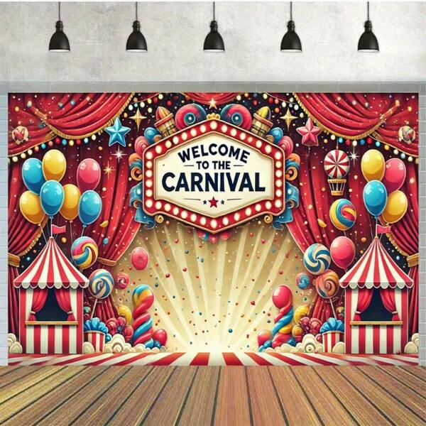 2D Carnival Theme Polyester Fiber Backdrop Banner - Perfect For Birthday Parties, Photo Booths, And Outdoor Celebrations, No Power Required