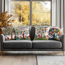4 pièces Housses de coussin d'appoint imprimées avec arbres et maisons colorés, 45 cm*45 cm