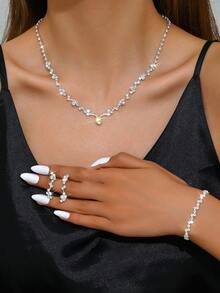 Fashionable, Elegant, Premium Quality Necklace, Earring, Bracelet, Elastic Ring Bridal Jewelry Set, Suitable For Women, Wedding, Birthday, Anniversary Gifts, Evening Dress Accessories - 4 Piece Jewelry Set - View 13