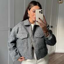 Women's Fashionable Solid Color Turndown Collar Double Pocket Casual Corduroy Soft Wool Jacket, Autumn/Winter - Grey - View 7