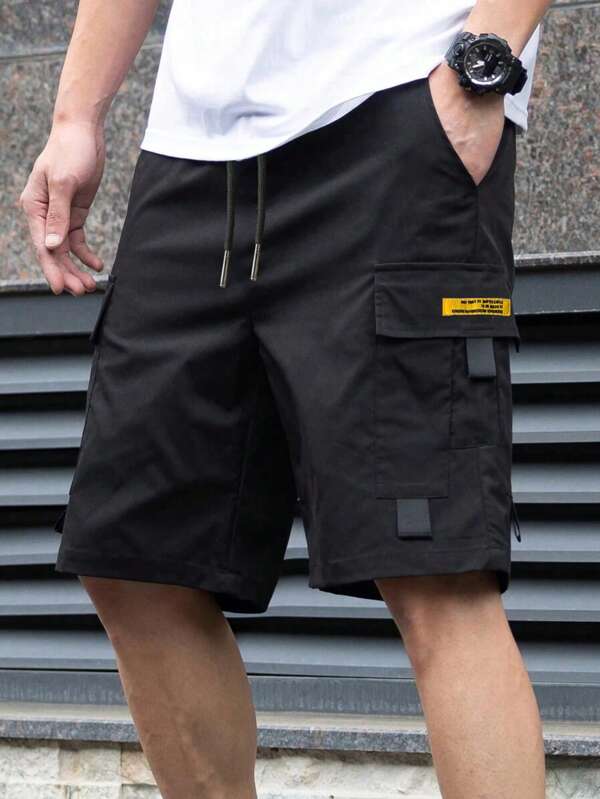 1pc Men's Summer Outdoor Solid Color Pocket Drawstring Waist Cargo Shorts