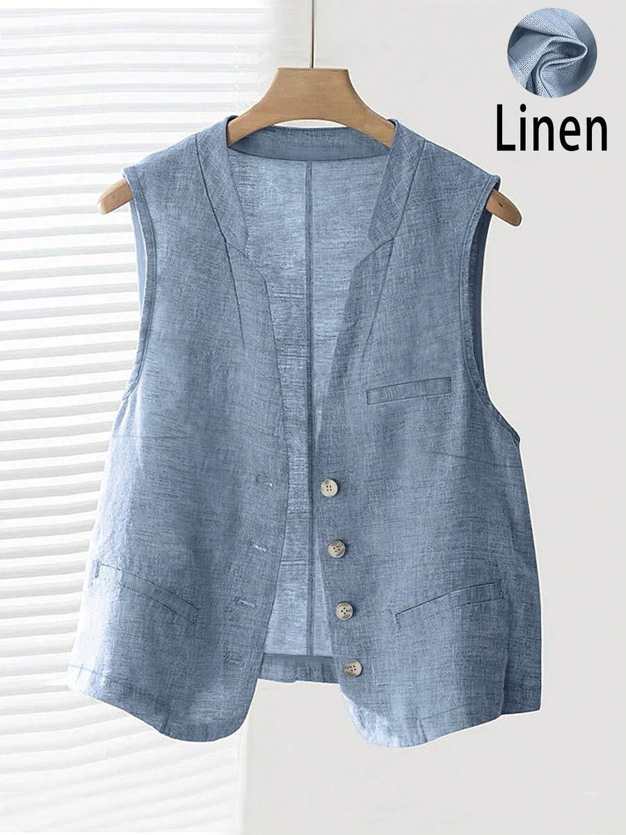 Women's Spring/Summer Casual Vacation Linen Short Blazer Vest - Dusty Blue - View 1