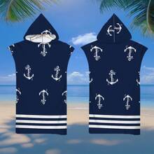 1pc Anchor Hook Rudder Print Hooded Poncho, Ultra-Soft Fiber Beach Blanket & Removable Hooded Beach Robe 2-In-1 With Buttons, Super Absorbent Towel, Suitable For Traveling, Swimming, Diving, Surfing, Yoga, Camping, Available In Multiple Sizes Back To School - Multicolor - View 8