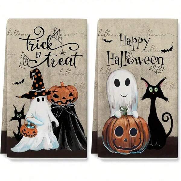 [Toalhas de Cozinha de Halloween] 2 peças de toalhas de cozinha retrô de Halloween de 45 x 70 cm | Presente durável para casais, estampa escura assustadora, fantasma, abóbora, gato preto, morcego, teia de aranha, decoração de família, toalha de mão