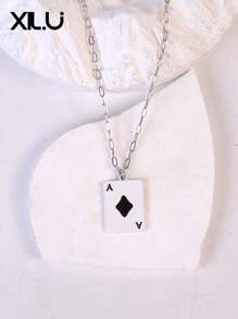 1pc Poker Card & Turquoise Enamel Pendant Necklace For Women, European & American Design