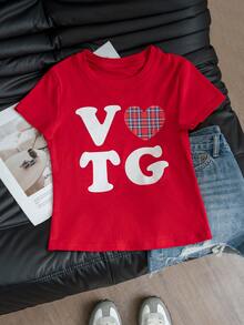 Back To School Cute Heart & Letter Print Casual Round Neck Short Sleeve T-Shirt For Women, Spring/Summer Red - Red - View 8