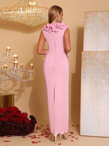 Modphy New Elegant 3D Floral Decor Deep V Neck Sleeveless Dress, Suitable For Wedding Guest, Bridesmaid, Holiday Party, Formal Evening Gown