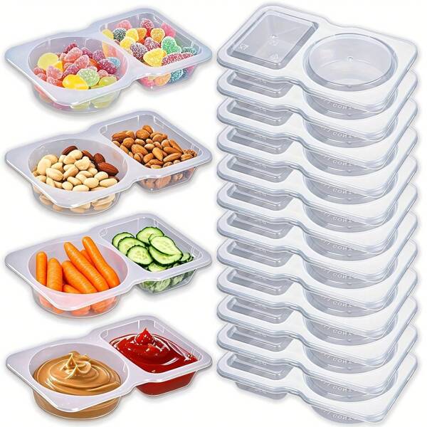 20pcs Portable Double Compartment Condiment Containers - Reusable Plastic Sauce & Dip Serving Bowls For Travel, Snacks, And Meal Prep (Clear), Dual Compartment Containerfor,Dipping Sauce Cups