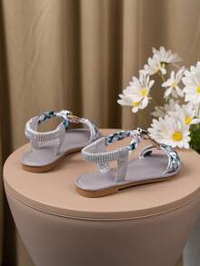 1 Pair Fashion Kids Bohemian Style Hook And Loop Sandals, Comfortable & Durable Colorful Beaded Beach Sandals - Mint Blue - View 2