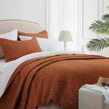 SunStyle Home King Quilt With 2 Pillow Shams, King Size Quilt Bedding Set Brunt Orange Lightweight Bedspread Soft Reversible Coverlet For All Season 3pcs Leaf Embroidered Quilted BedSets(106"X96") - 36 - Brunt Orange - Leaf Embroidered - View 1