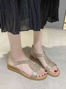 Women's Rhinestone Wedge Sandals, Casual Open Toe Elastic Slip-On Shoes, Bohemian Style Outdoor Beach Flip Flops - Gold - View 4