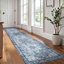 2.6x12 Blue Washable Rug For Entrance, Soft Printed Area Rug, Non-Slip Kitchen Rugs, Low-Pile Medallion Indoor Door Mat, Small Farmhouse Carpet For Entryway Kitchen Foyer Bedside - 白色 - 查看 2
