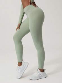 Sodalemon Women Peach Hips Sports Leggings, Seamless V-Waist Yoga Tight Pants - Màu xanh Bạc hà - Xem 4