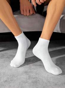 5 Pairs Unisex White Socks, Solid Color Mid-Calf Socks, Korean Style Versatile Summer Long Socks For Men & Women, Sports Socks, Couple Socks
