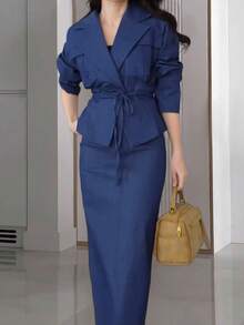 女士仿口袋抽绳上衣和紧身半身裙两件套，纯色优雅