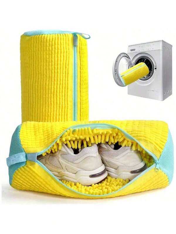 Shoe Washing Machine Bag For All Shoe Types - Yellow With Blue Zipper, Chenille Lining & Nylon Zipper, Oval Protective Laundry Bag For Sneakers, Casual Shoes, Dishwasher & Washer, Laundry Wash Bag, Laundry Bags