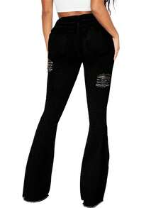 COMFYVOGUE Women Bell Bottom Jeans Elastic Waist Ripped Flared Jean Destroyed Raw Hem Denim Pants - màu đen - Xem 2