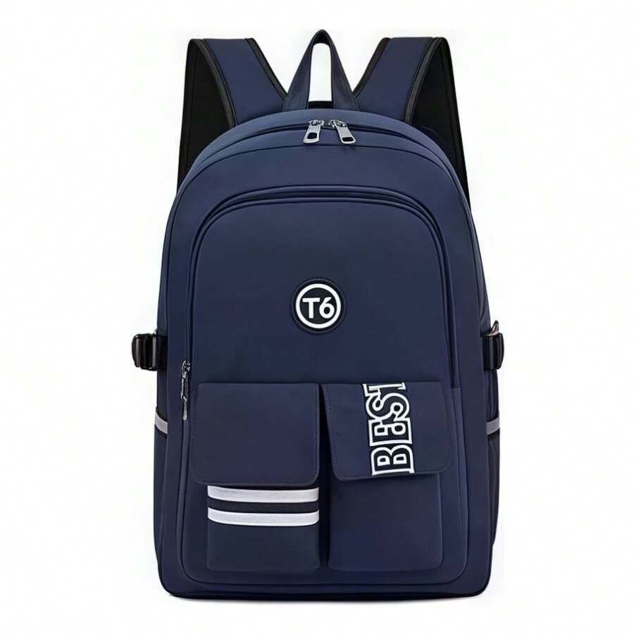 Mochila Feminina Estilo Nylon Pano Grande De Capacidade Moda Casual Multifuncional Cor Sólida - Azul Marinho - Visão 1
