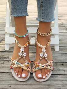 WRCVS Beige Women's Sandals, Vintage Handmade Beaded Woven Flat, Summer Shoes, Beach, Casual, Boho - Beige - View 5