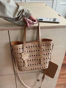 1pc Fashionable Hollow Basket Handbag, Casual All-Match Summer Tote Bag, Detachable Inner Pouch, PU Leather Material - Khaki - View 4