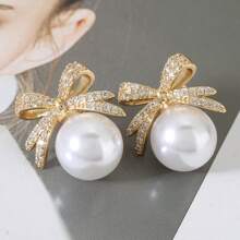 1 Pair Floral Pearl & CZ Earrings For Women – Elegant Non-Piercing Clip-On Earrings, Bridal Wedding Jewelry, Sparkling Anniversary Gift For Her