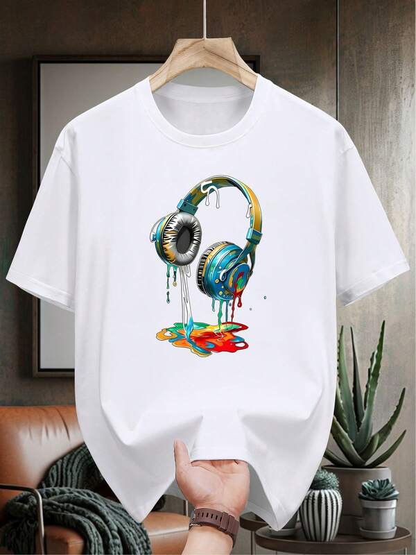 Men'S 100% Graphic T-Shirt - Vibrant Headphone Design, Casual Short Sleeve Tee, Regular Fit, Summer Essential, Black With Colorful Headphone Illustration, Music Fan Apparel| Vibrant Graphic Tee| Comfortable Fit