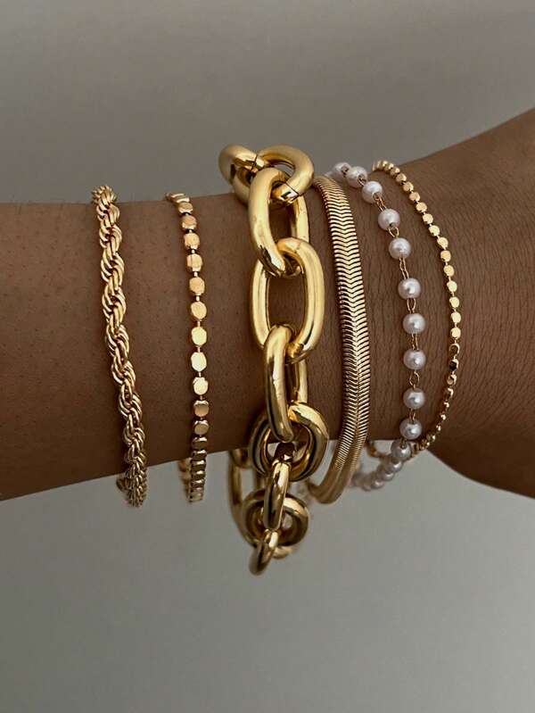 Set de 6 pulseras de cadena de metal con estilo vintage elegante, diseño de cadena de collar grueso de perlas multicapa, versátil para vacaciones, fiestas, citas y uso diario como regalo
