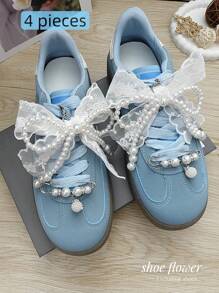 4件套鞋饰 - 珍珠网状蝴蝶结鞋夹，精致串珠链，适用于运动鞋、平底鞋、高跟鞋、靴子，DIY鞋饰，可拆卸可重复使用（不含鞋子） - 白色+珍珠蝴蝶結 - 查看 11