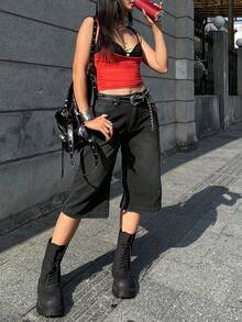 Women's Y2K Low Waist Black Cropped Straight Leg Jeans - Black - View 2