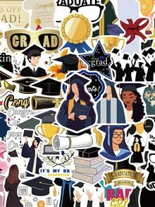 50 piezas de pegatinas de la temporada de graduación para botellas de agua, portátiles, equipaje, cuadernos, manualidades, teléfonos, decoración DIY, regalo de fiesta de graduación estudiantil - Multicolor - Ver 1