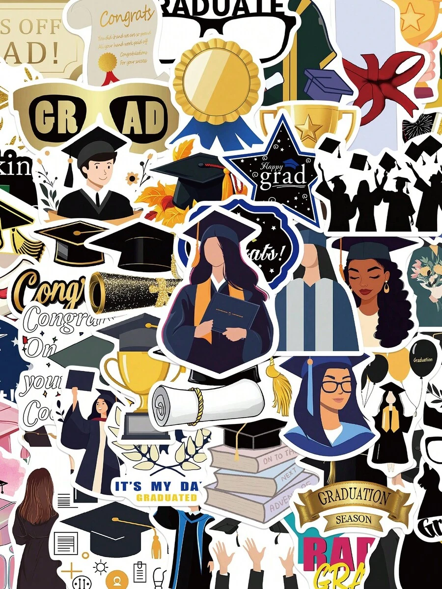 50 piezas de pegatinas de la temporada de graduación para botellas de agua, portátiles, equipaje, cuadernos, manualidades, teléfonos, decoración DIY, regalo de fiesta de graduación estudiantil - Multicolor - Ver 1