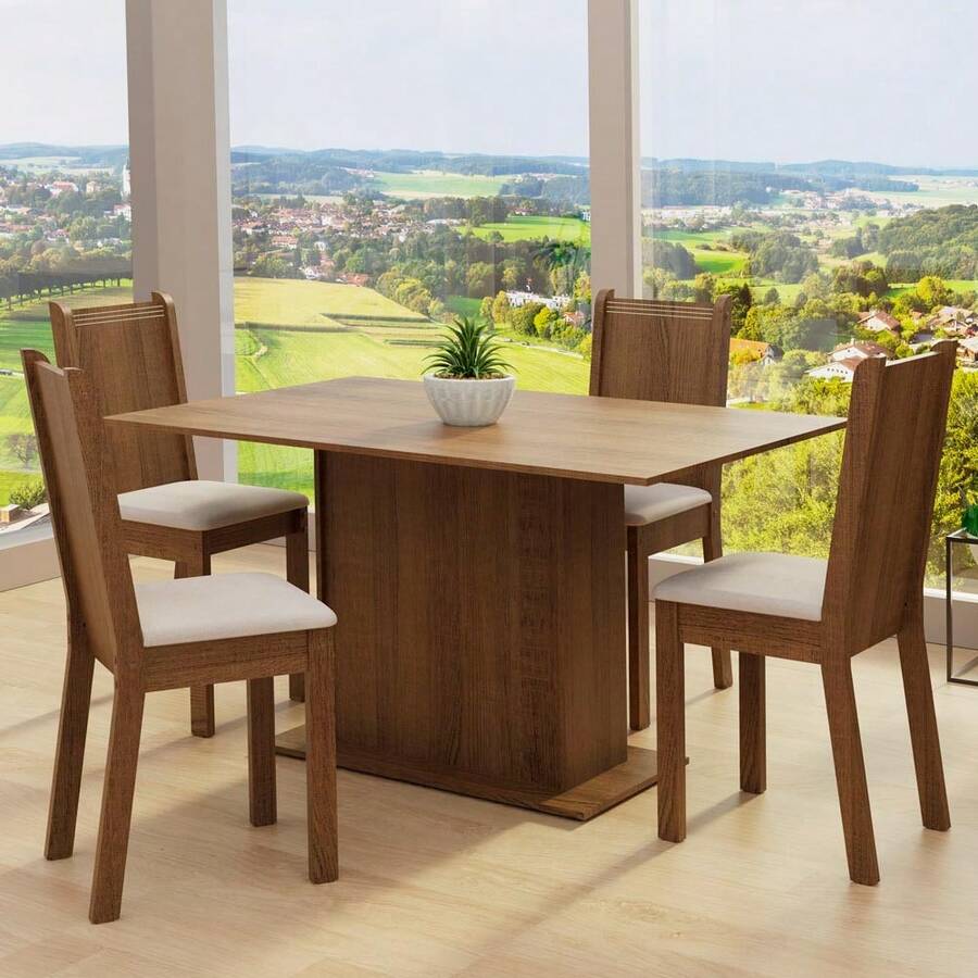 Dining Set With Table And 4 Chairs Madesa 5329 Brown And Cream Color - Brown/Cream - View 1