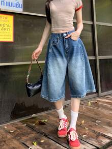 修身阔腿七分牛仔裤，宽松复古小码休闲直筒裤，女士夏季款 - 藍色 - 查看 3