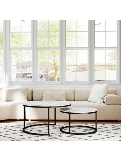 Super life Nesting Coffee Tafel Set Of Two, Round Table, Wooden Marble Top Sturdy Metal Frame, Side Living Room, Bedroom, Balcony Patio view 5