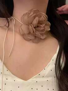 1pc Retro 3D Flower Choker Fabric Floral Tie Necklace, Minimalist French Flower Necklace