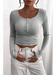 Women's 2025 Fall Long Sleeve Henley Shirts Button Ribbed Knit Casual Basic Tops Blouse - 灰色 - 查看 1
