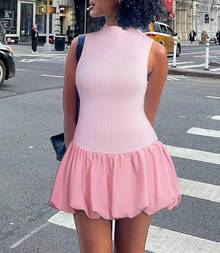 Bubble Dress Women Sleeveless Mock Neck Knit Open Back Dress Bodycon Y2k Party Club Short Dress - 粉色 - 查看 6