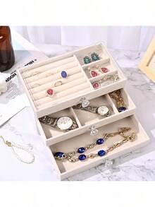 1pc 3-Tier Jewelry Box, Acrylic Jewelry Organizer Tray With C/D/E Size Jewelry Trays, Velvet Lining, Stackable, Crystal Knob, Large Capacity, High-End Earrings/Necklaces/Jewelry Storage, Makeup OrganizerFor Women Storage Organizer Travel Essentials Back To School - Multicolor - View 5