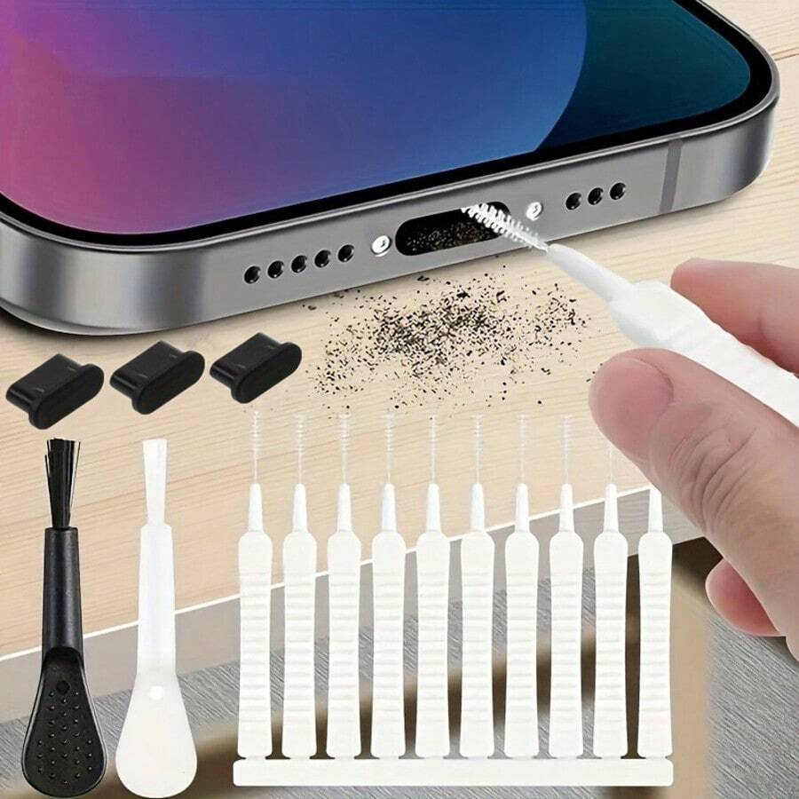 15pcs Mobile Phone Dust Plug Set, Includes Keyboard Cleaning Brush, Dust Cover And Nylon Brush Cleaner, Suitable For Phones And Computers - Black and White - View 1