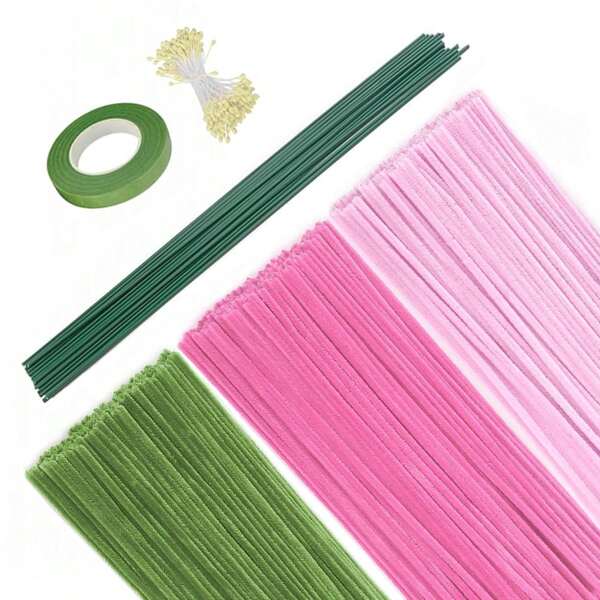 Lot de 462 pièces Macaron fait main DIY Pipe Cleaner Projets Petit, Mélange de couleurs Chenille Tiges, Ensemble de fleurs, Environ 300 pièces, 10 Tiges florales artificielles, 150 Cœurs de fleurs, 1 Ruban de fleurs, 11,82x0,2 pouces (300*6 mm), Bouquet, Kit fait main, Petit, Petit d'artisanat, Fleur artificielle, Fil, Petit de squelette, Fil, Art, DIY, Ornements, Matériaux de modelage, Fait main